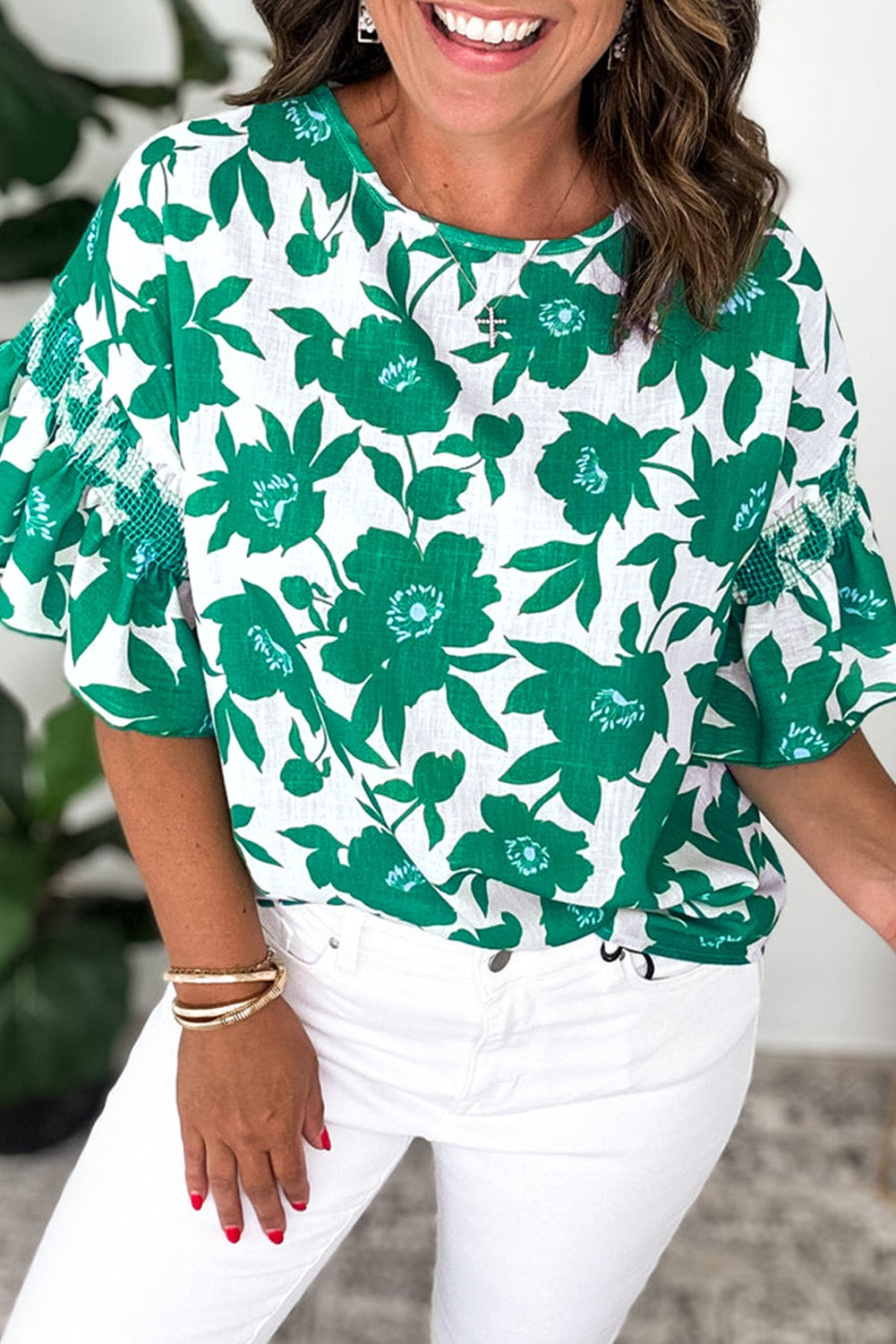 Green Floral Ruffle Sleeve Blouse March.