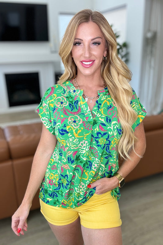 Lizzy Cap Sleeve Top in Green and Royal Watercolor Floral