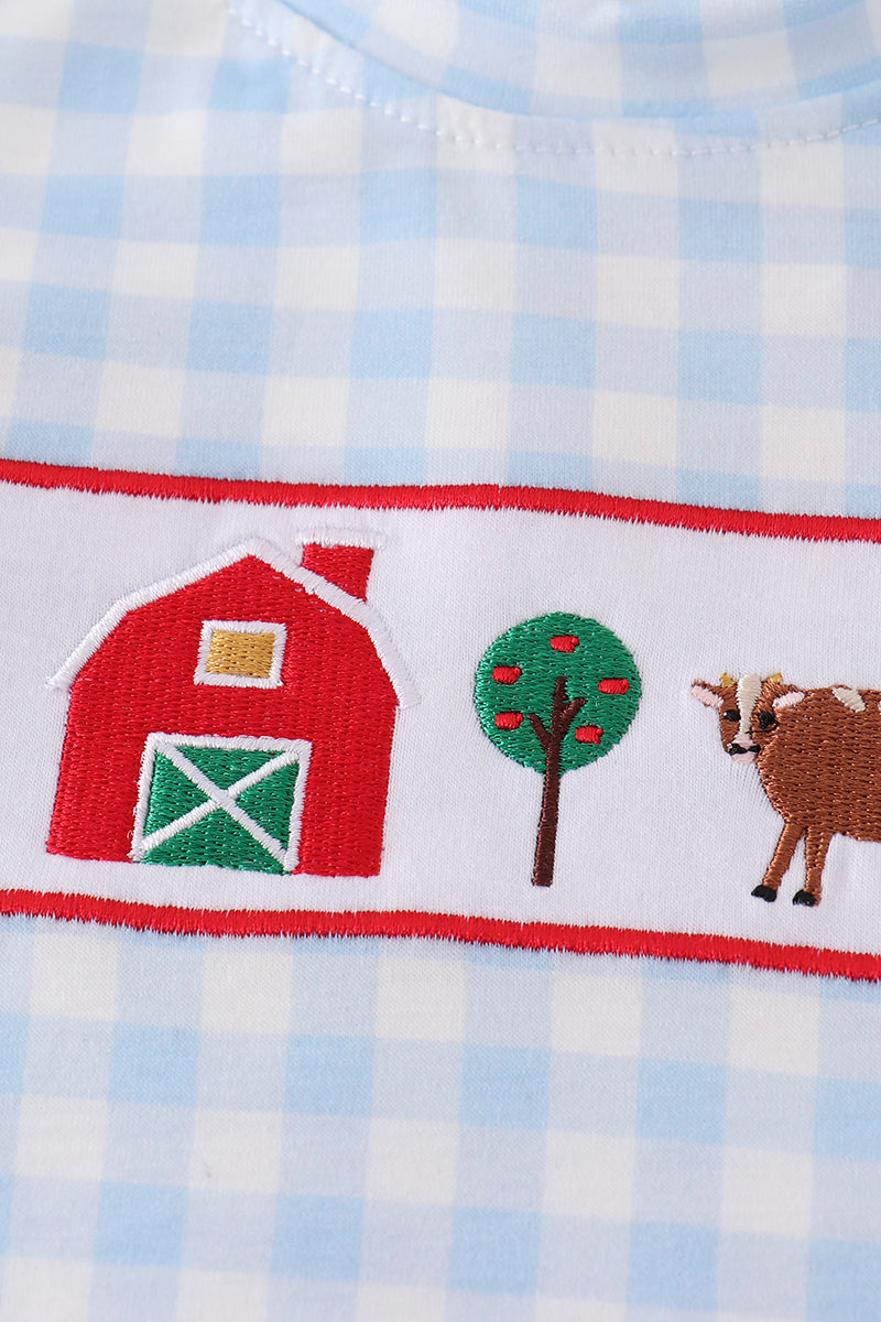 Blue farm embroidery gingham set