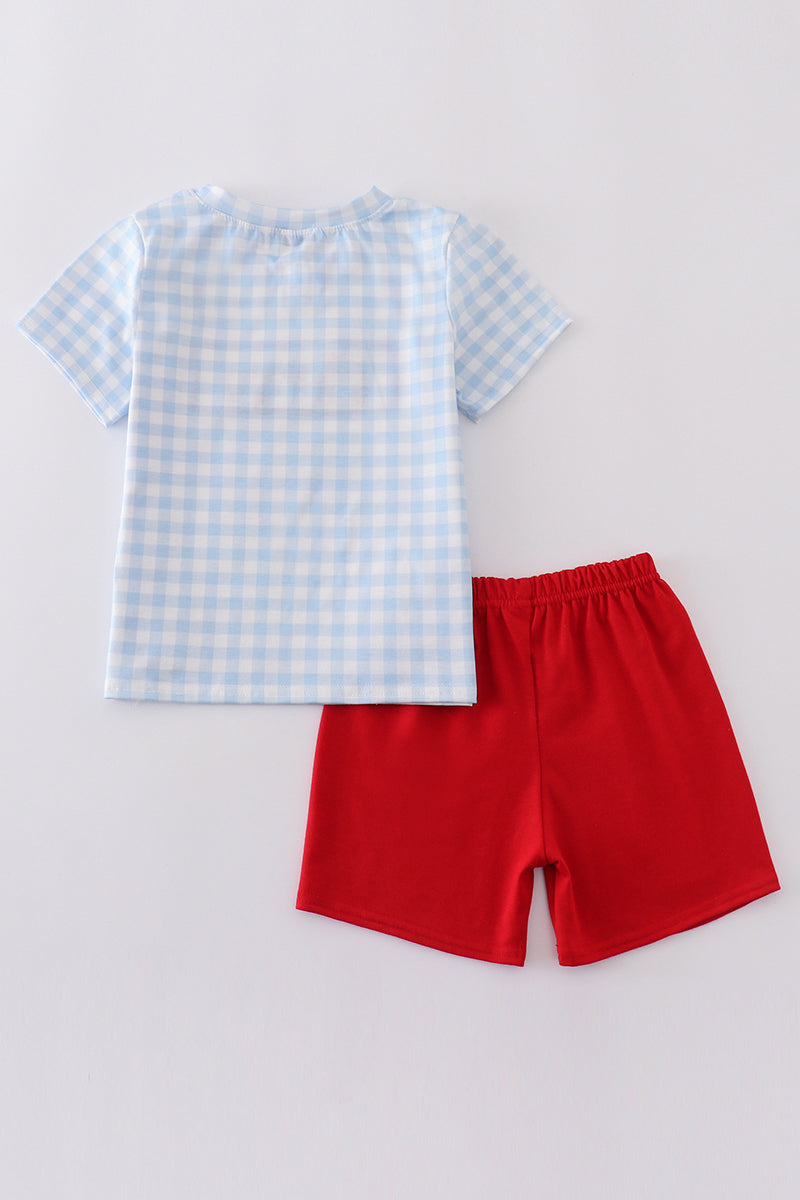 Blue farm embroidery gingham set