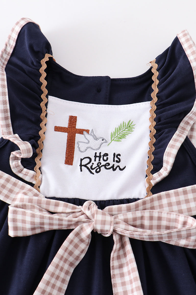 Navy he is risen embroidery girl dress