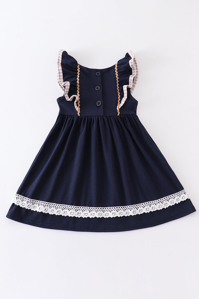 Navy he is risen embroidery girl dress