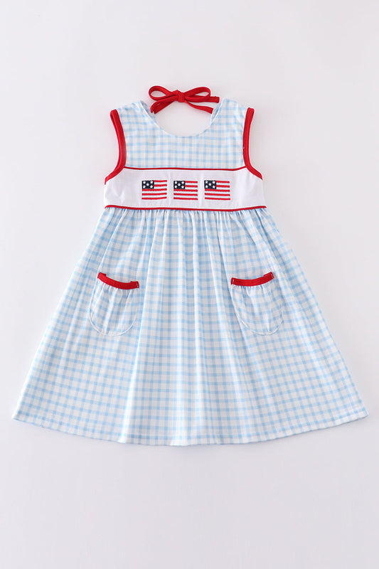 Blue flag embroidery gingham dress