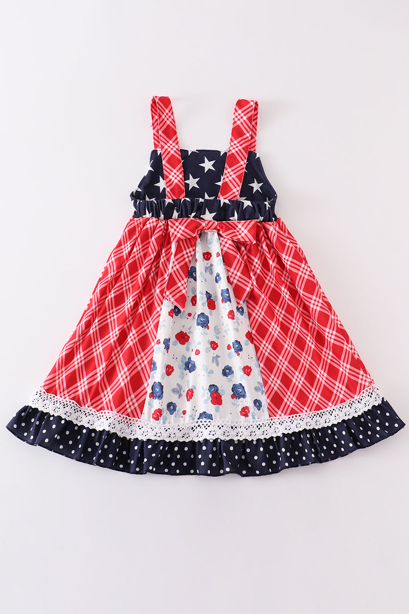 Patriotic floral plaid lace smocked dress