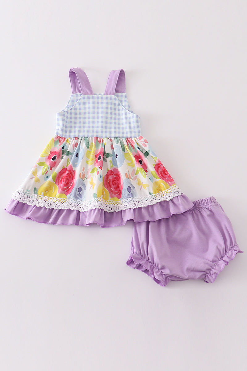 Purple floral print baby set