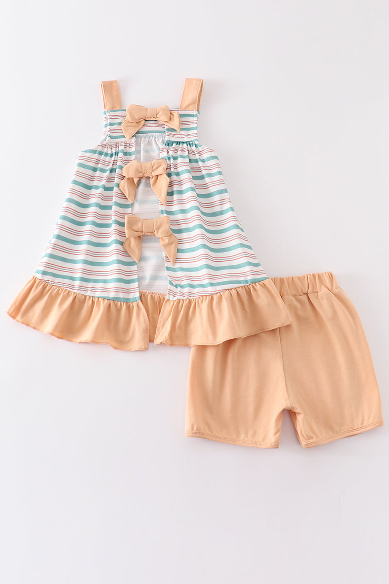 Green stripe bow girl set