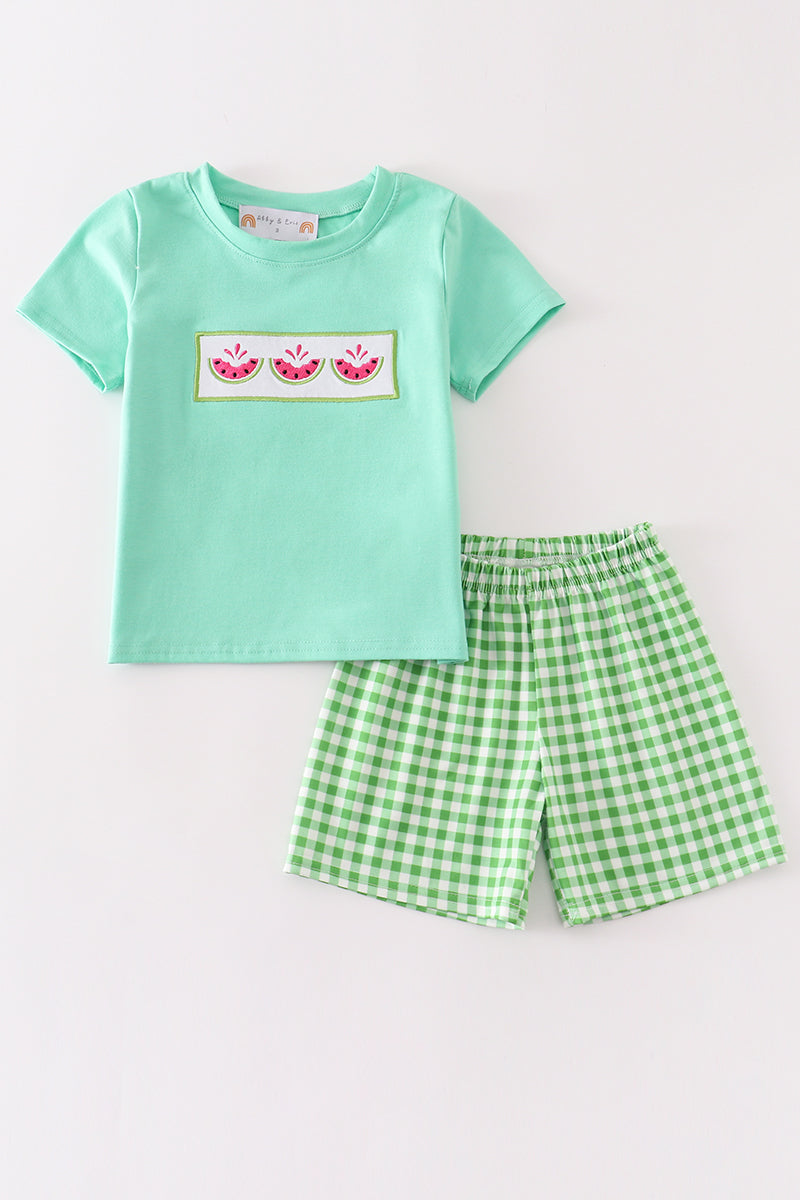 Green watermelon embroidery boy set