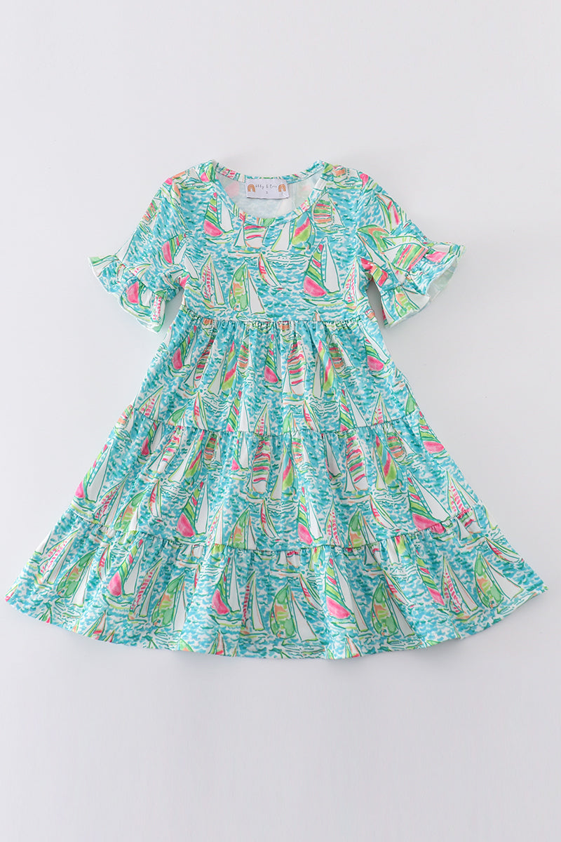 Teal sailboat serenity print mom&me tiered dress