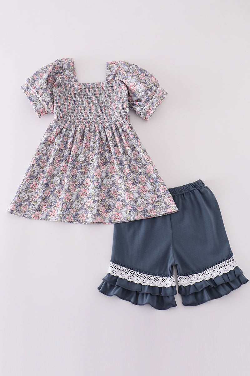 Blue floral whisper smocked girl set