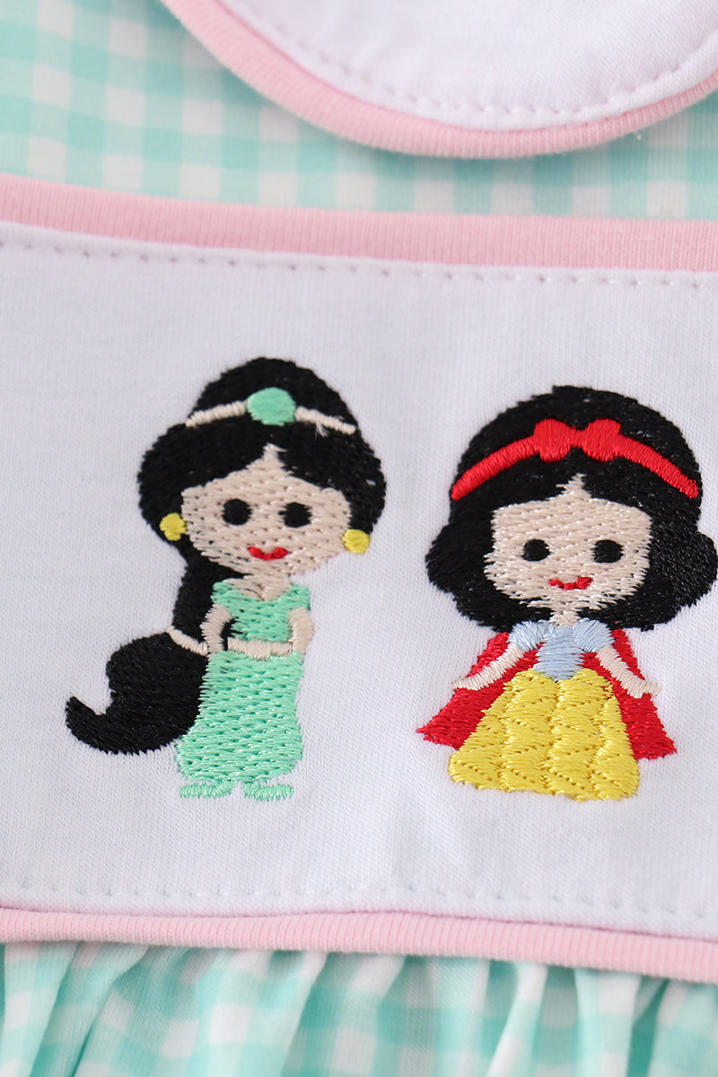 Green princess embroidery girl gingham set