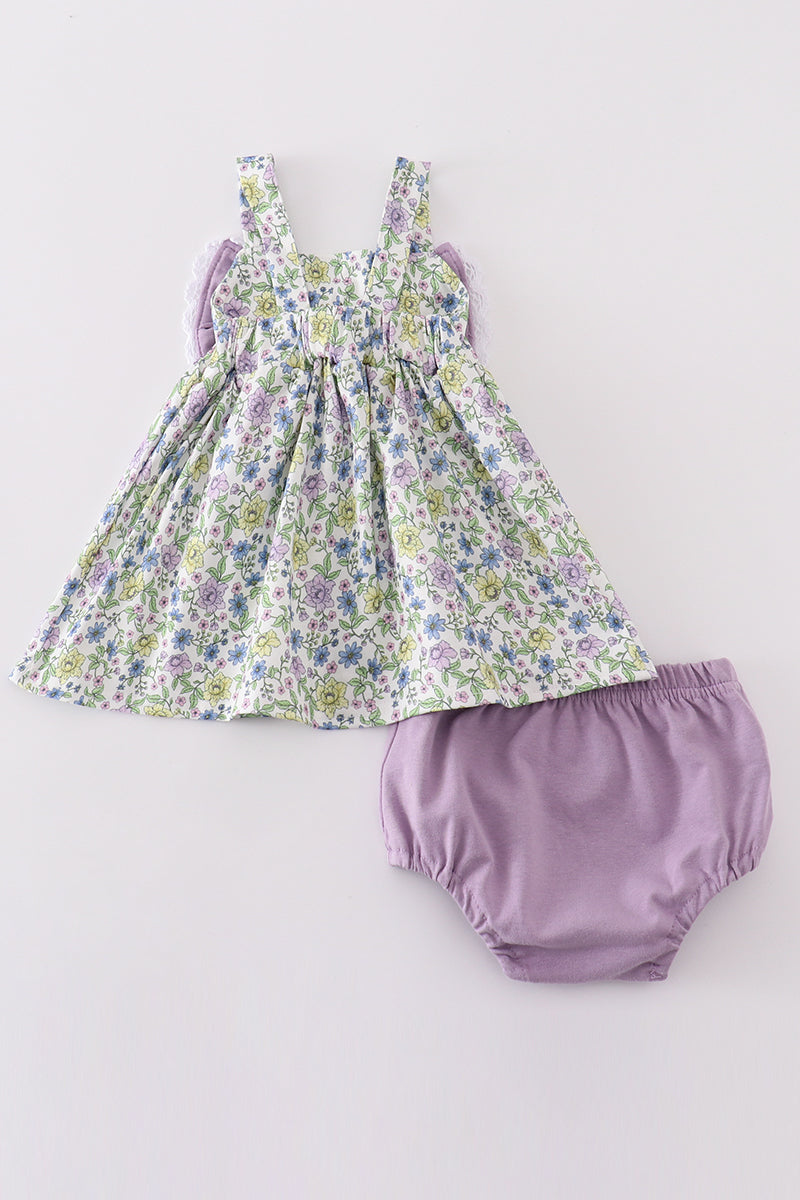 Purple bow floral girl bloomer set