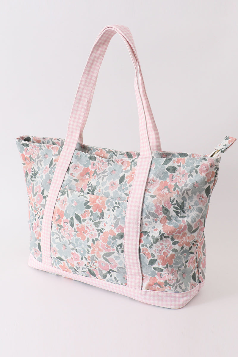 Pink floral plaid tote bag