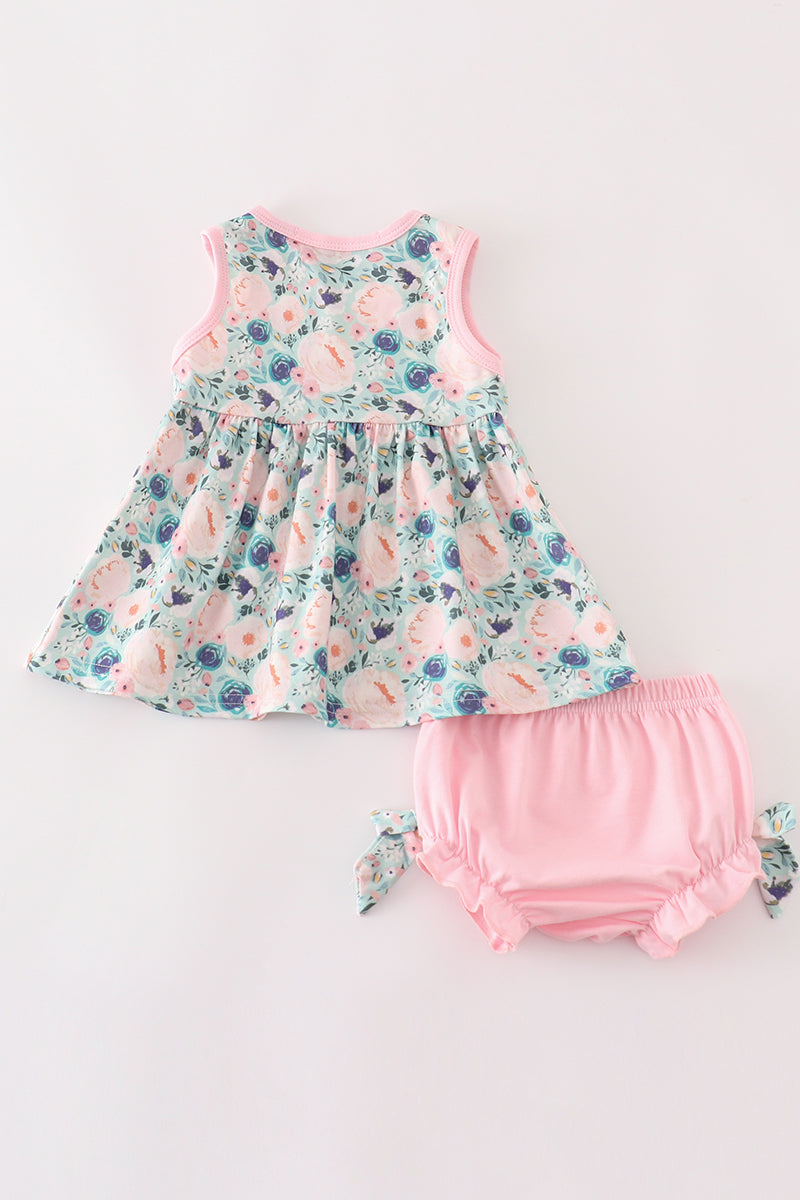 Green garden serenity print girl bloomer set