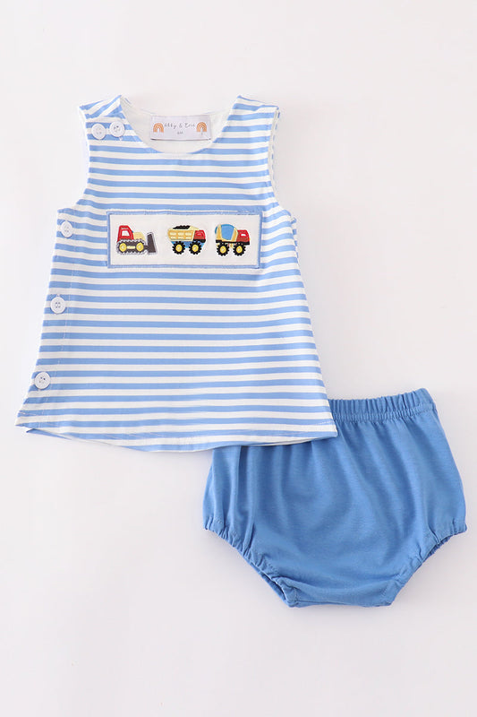 Blue construction trucks embroidery baby set