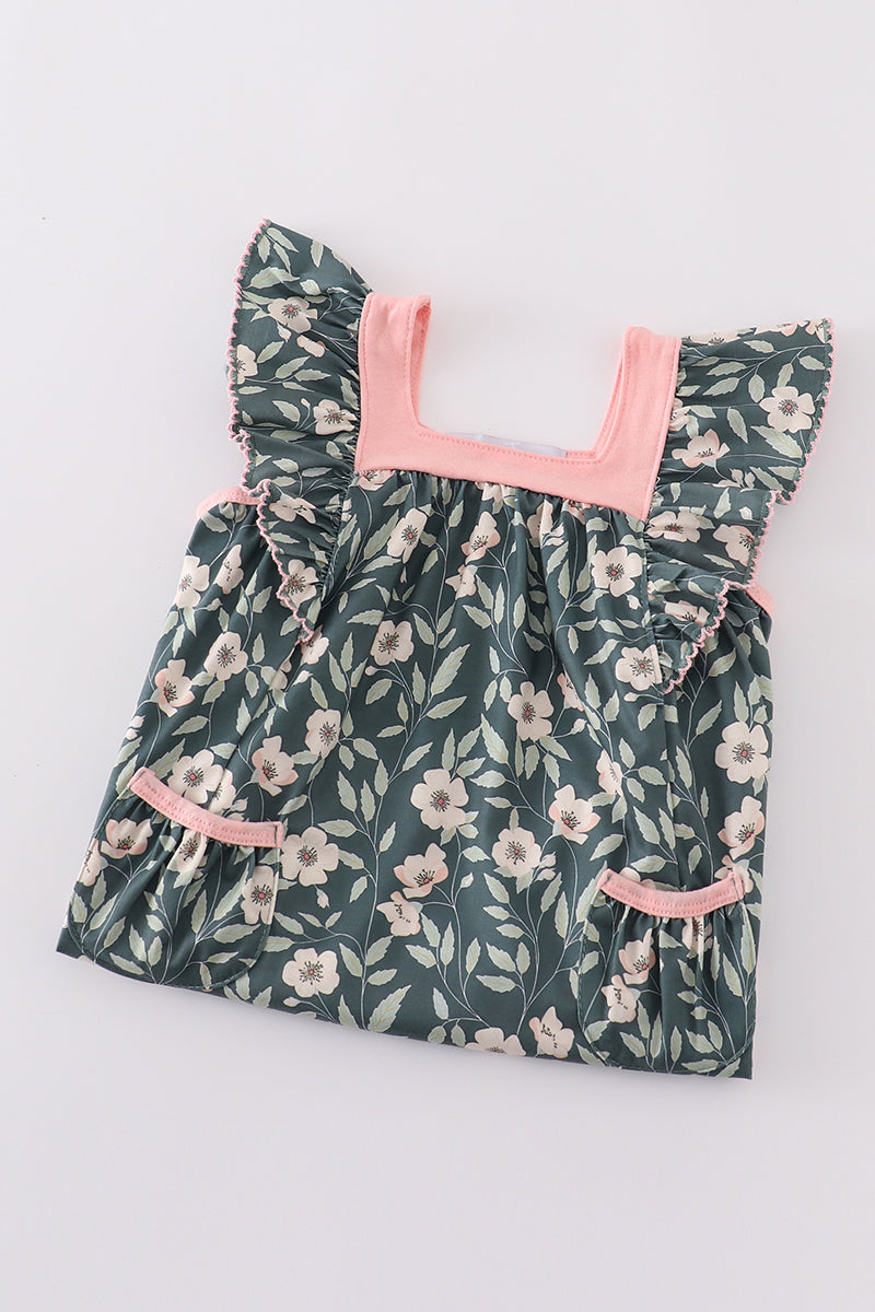 Green forest bloom print girl dress