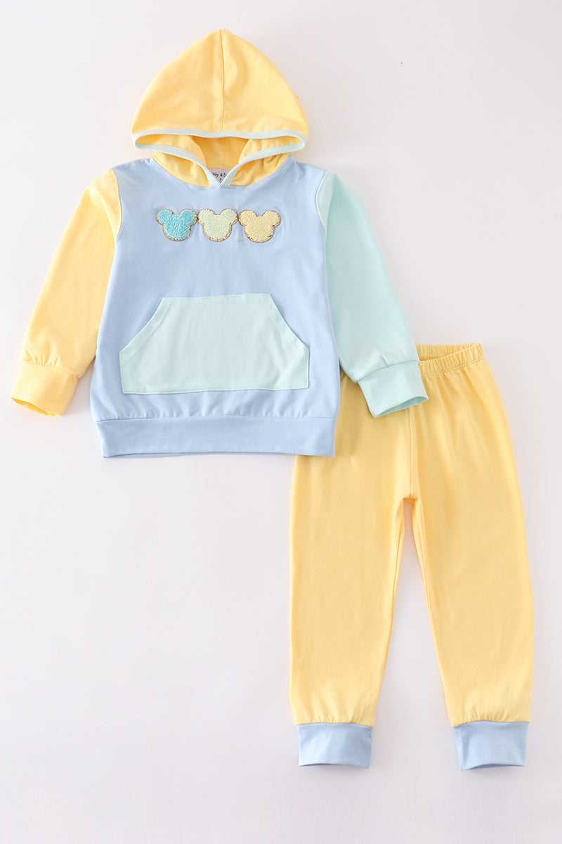 Color blocked character french knot boy hoodie set