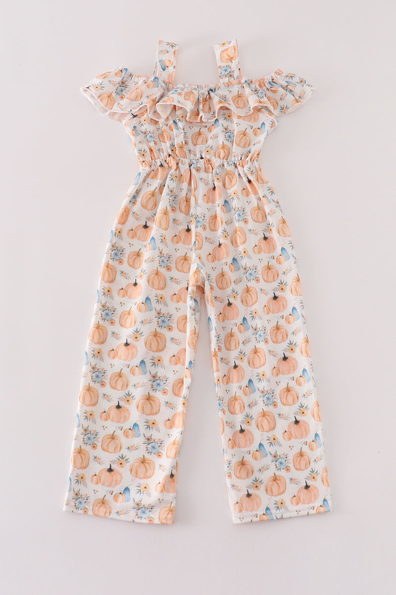 Orange pumpkin print girl jumpsuit