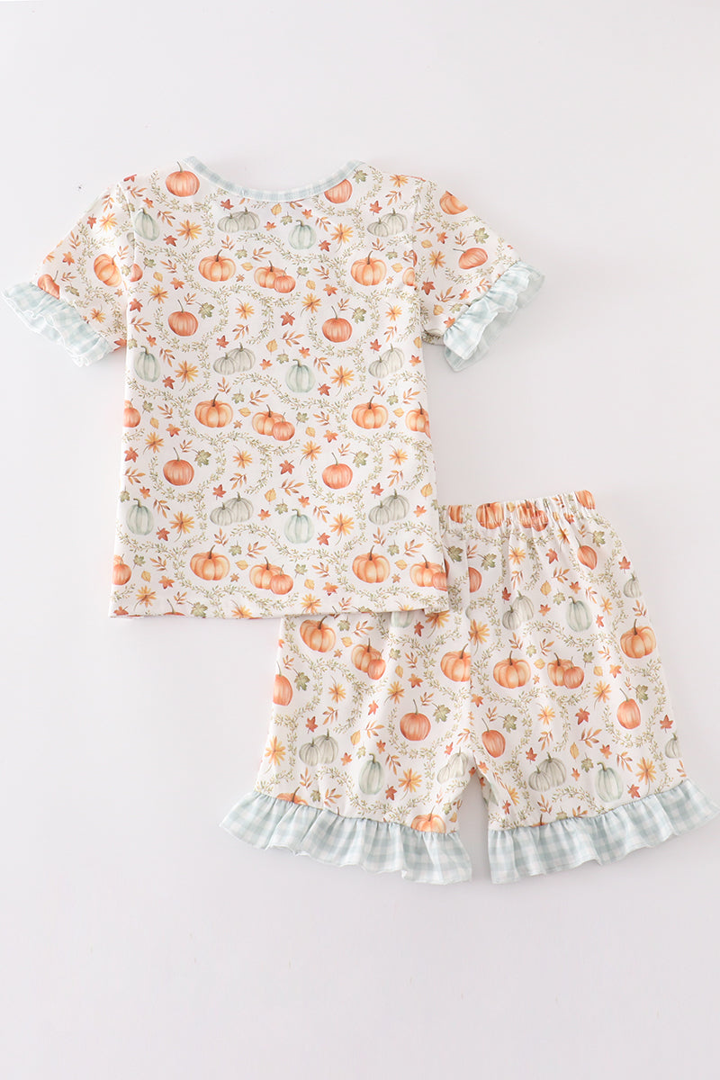 Green pumpkin print girl ruffle shorts set