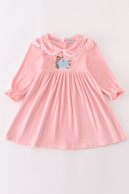 Pink velvet pumpkin embroidery dress