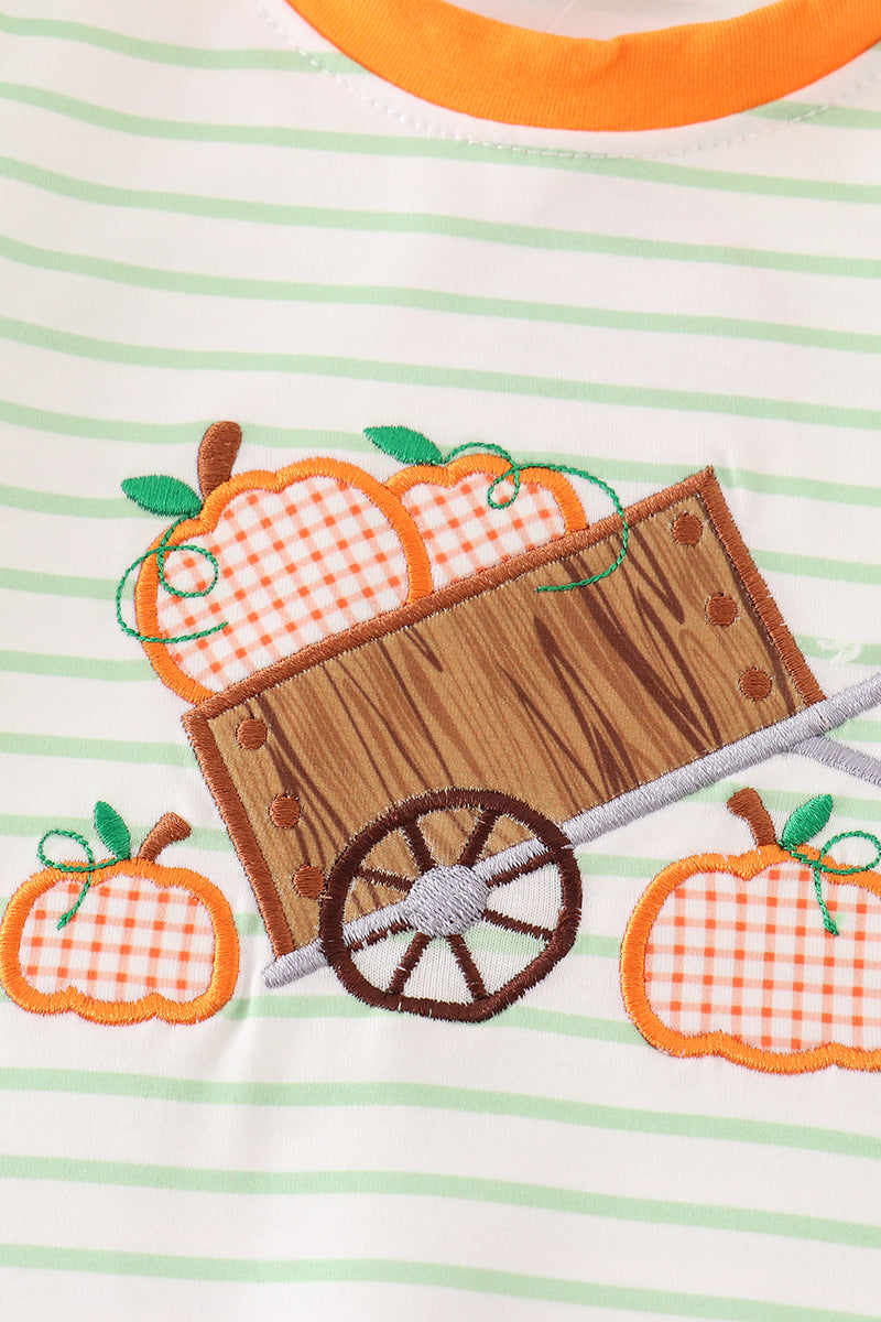 Orange wheelbarrow pumpkin applique boy romper