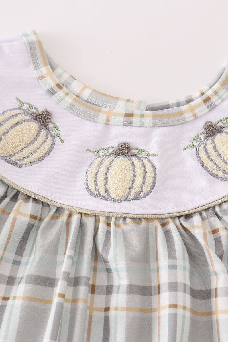 Pumpkin french knot plaid girl dress