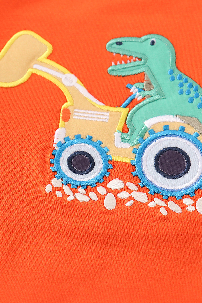 Orange dinosaur excavator applique boy top