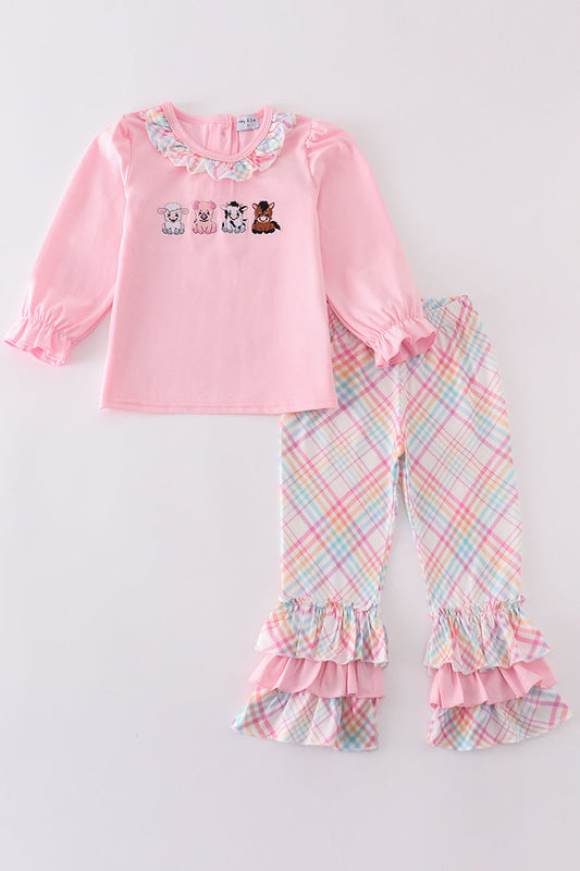 Pink farm animals embroidery girl set