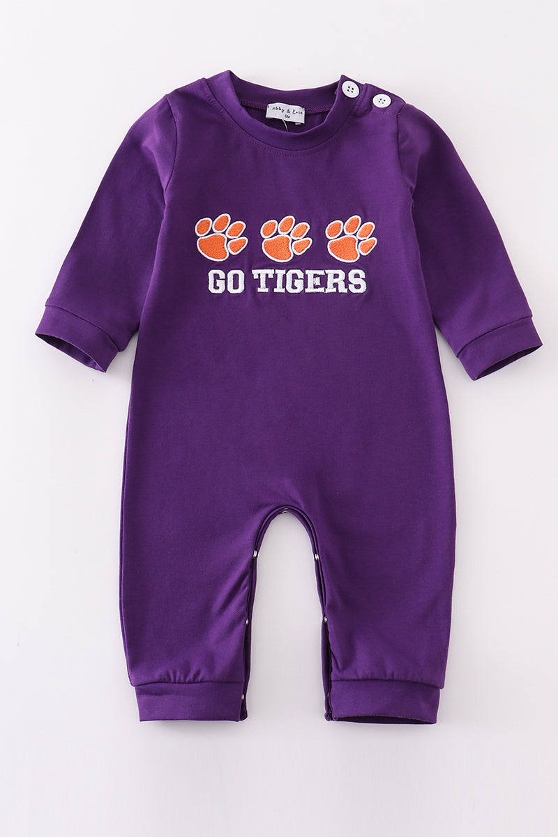 Purple go tigers embroidery boy romper