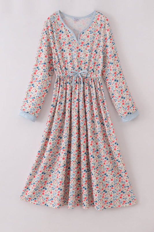 Pink&blue floral print women dress