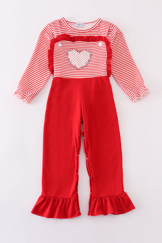 Red stripe valentine heart applique girl jumpsuit set