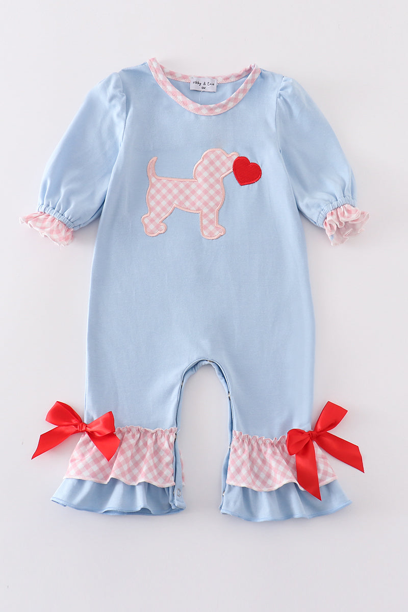 Blue valentine puppy heart applique girl romper