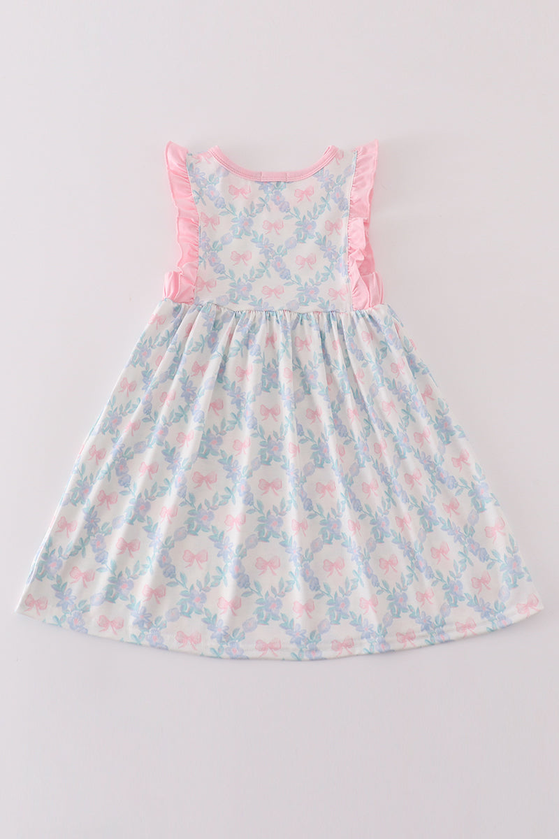 Pink bow print girl dress