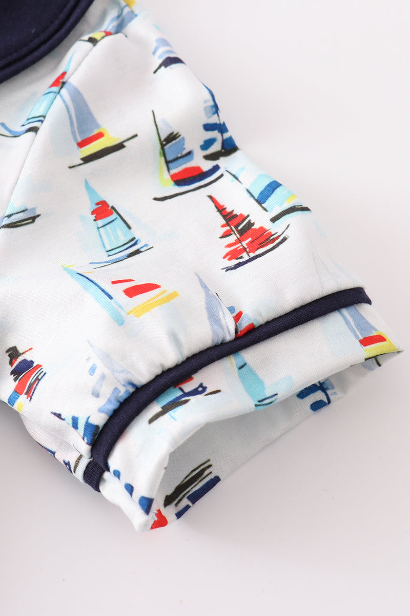 Navy sailboat print boy set