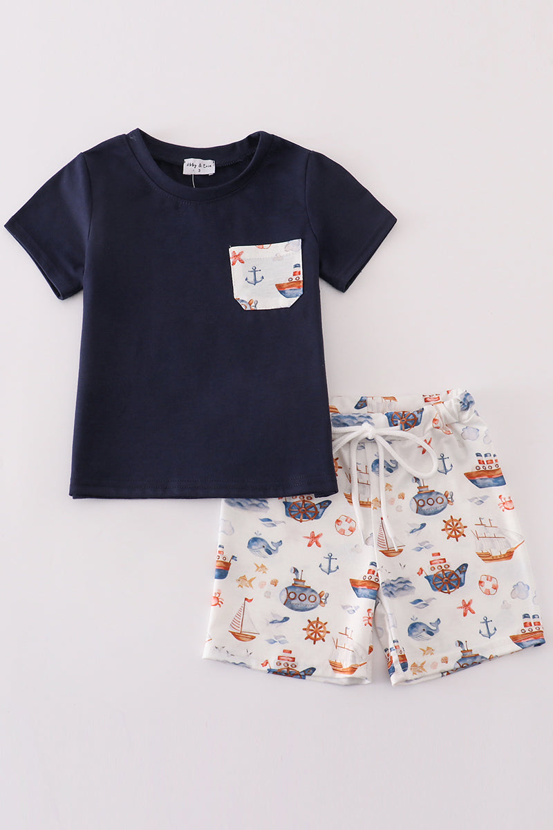 Navy beach print boy set