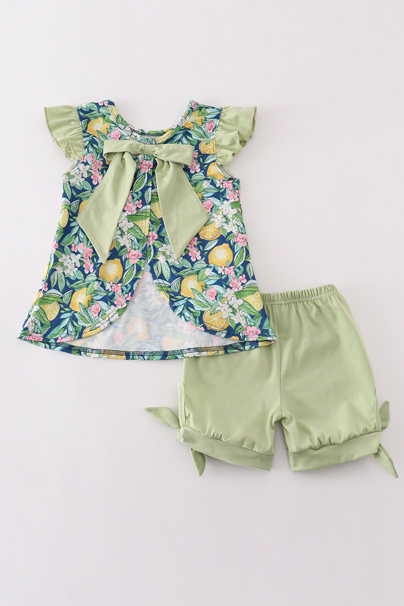 Greem lemon print girl set