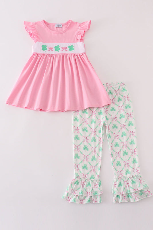 Pink green bow clover embroidery girl set