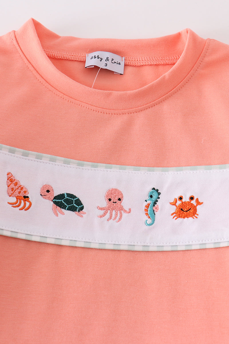 Coral & sage marine creature embroidery boy set