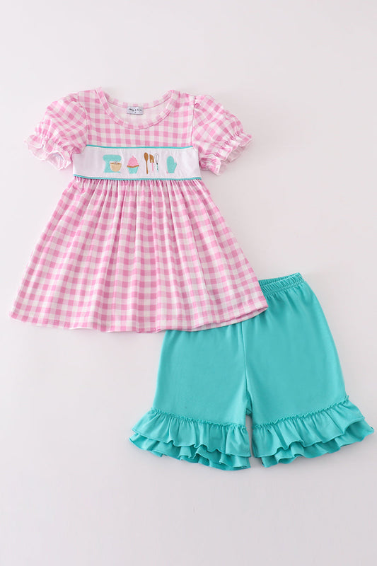 Pink let's baking embroidery girl gingham set