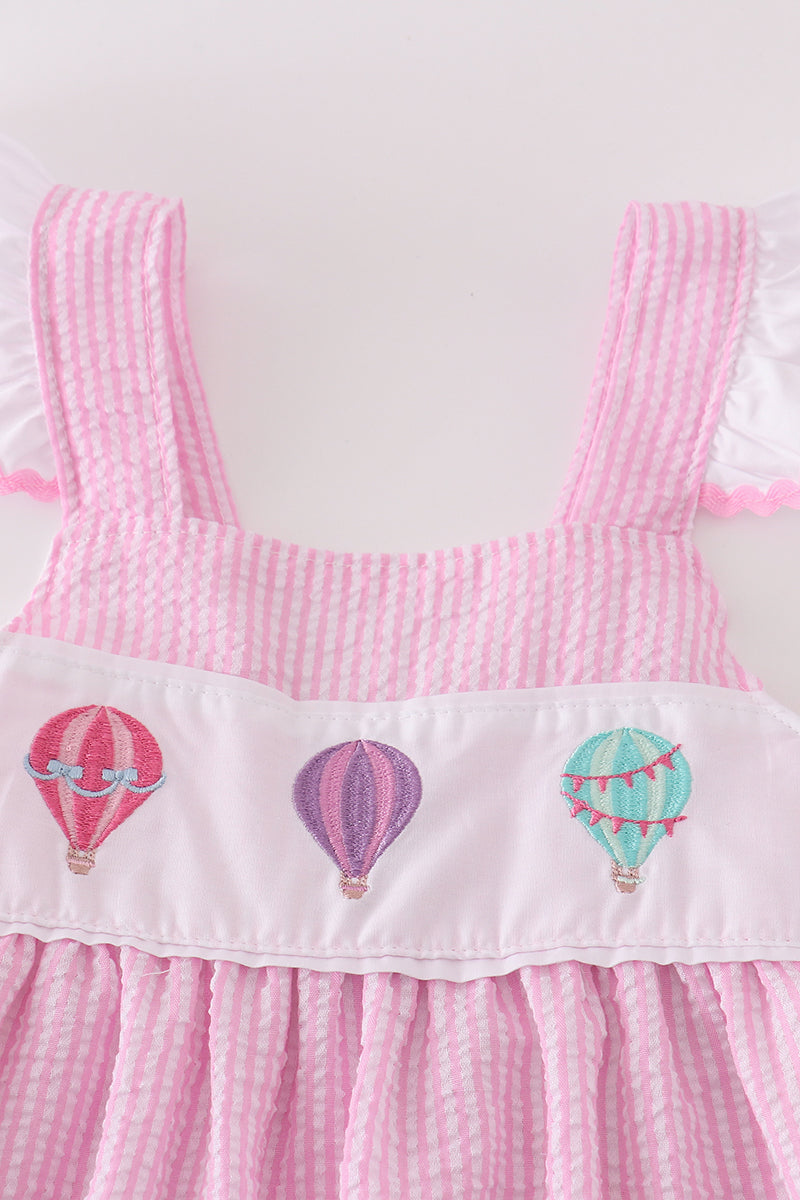 Pink seersucker hot air balloon embroidery dress