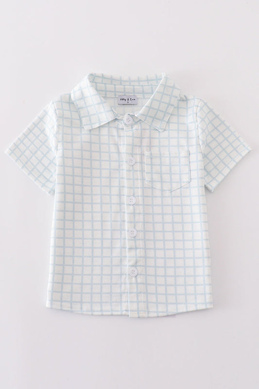 Blue checkered boy button down shirt