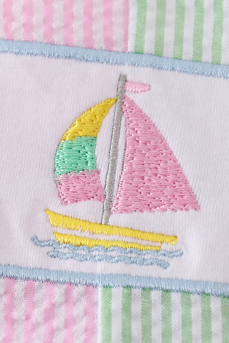 Seersucker sailboat embroidery girl bloomer set