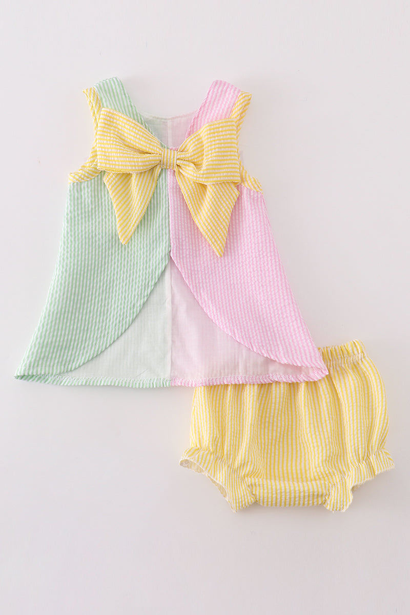 Seersucker sailboat embroidery girl bloomer set