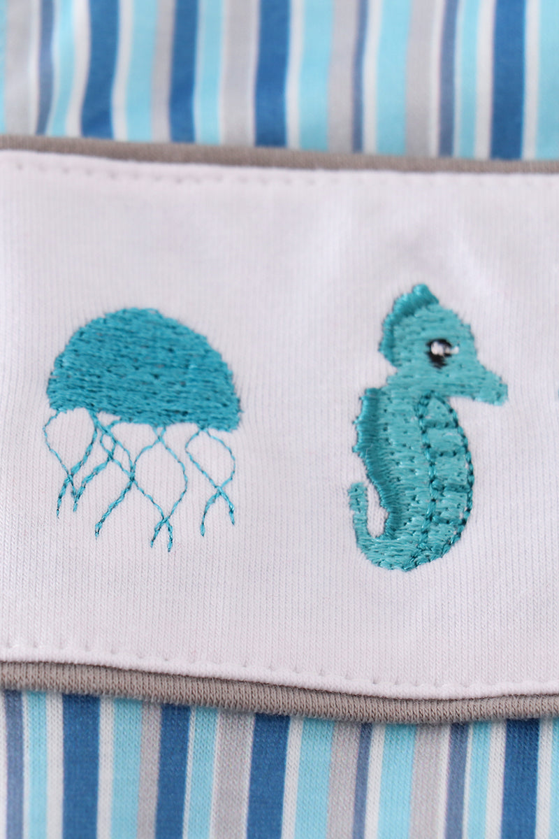 Blue stripe marine creature embroidery boy bubble