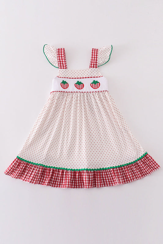 Red dot strawberry embroidery girl dress