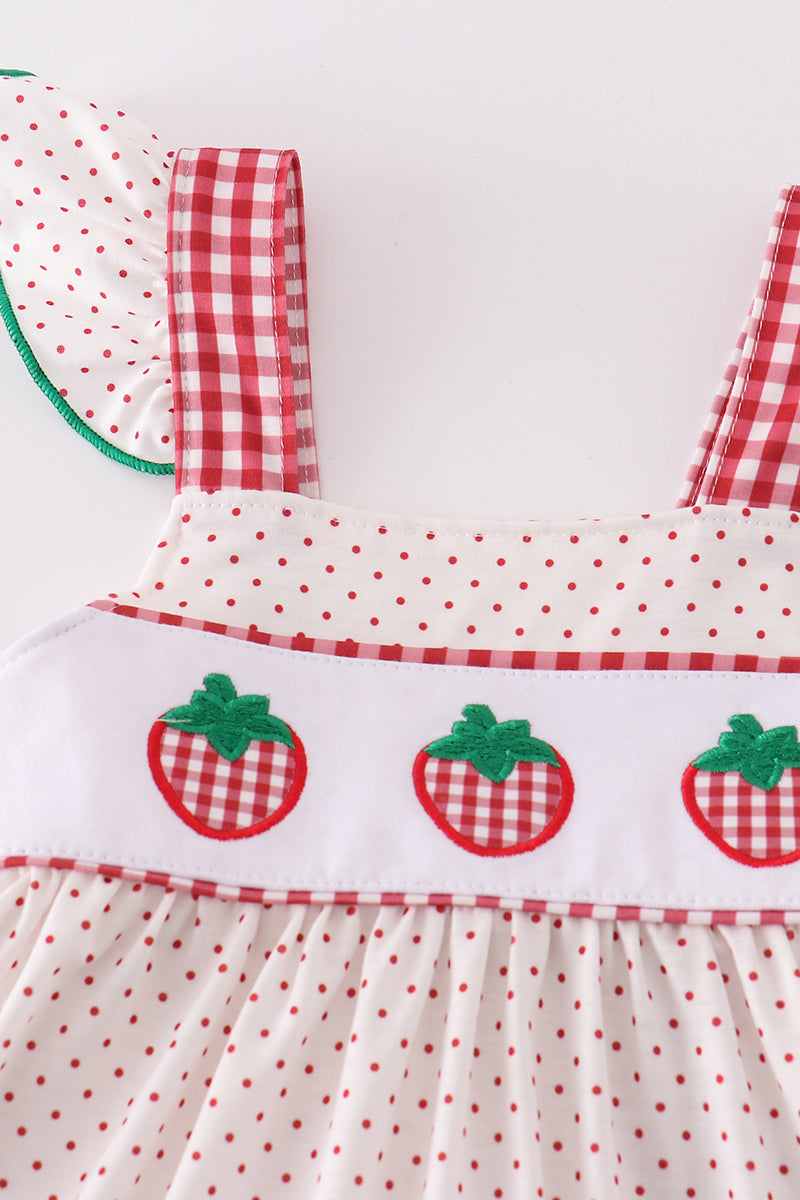 Red dot strawberry embroidery girl dress