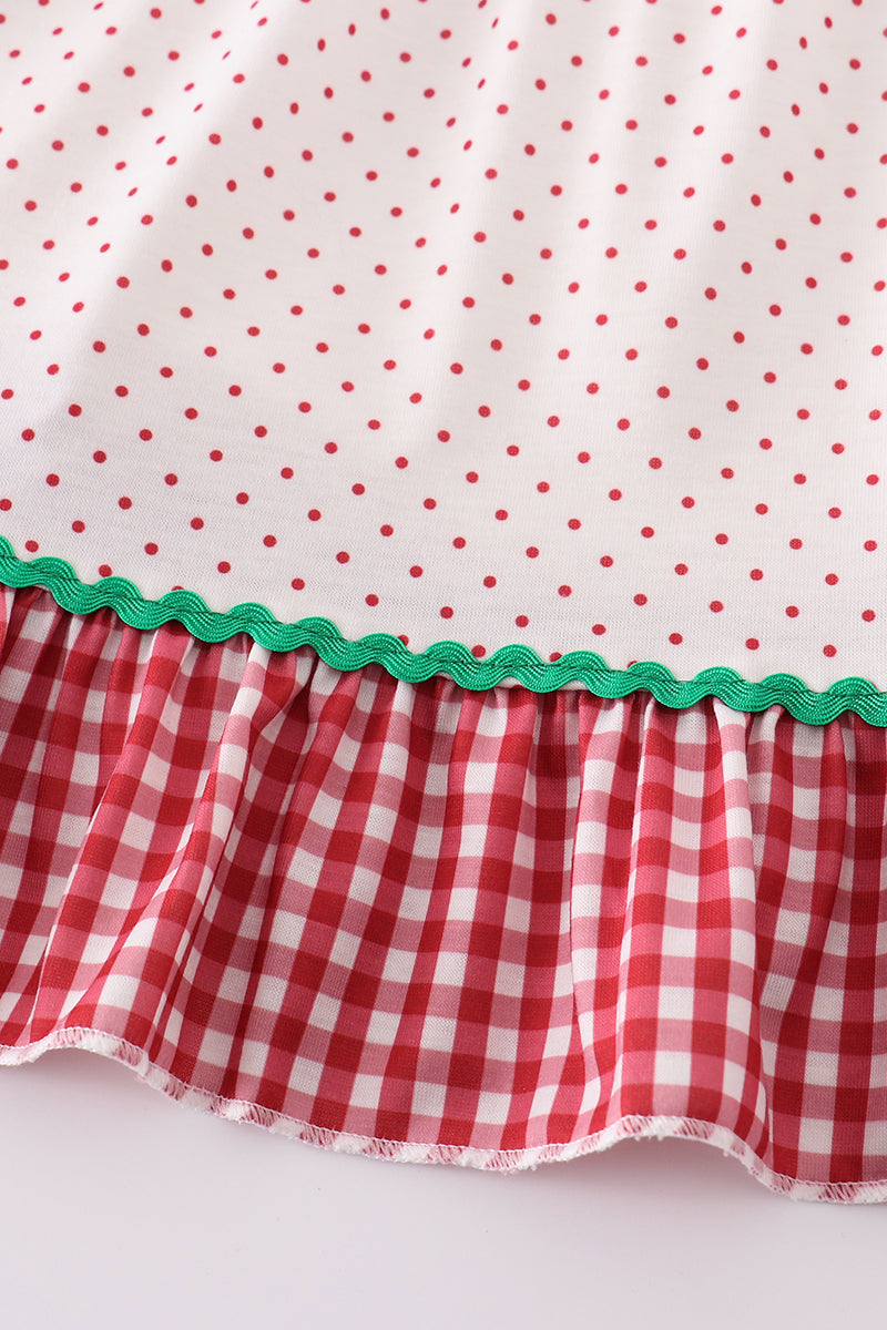 Red dot strawberry embroidery girl dress