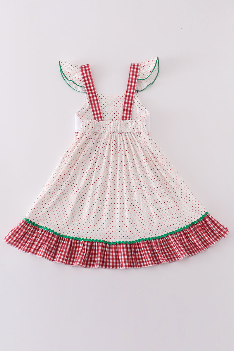 Red dot strawberry embroidery girl dress