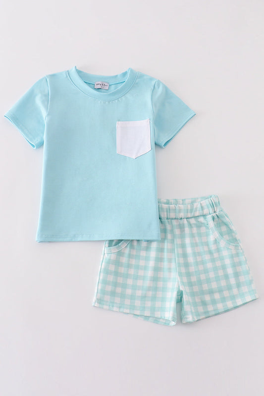 Blue gingham boy shorts set