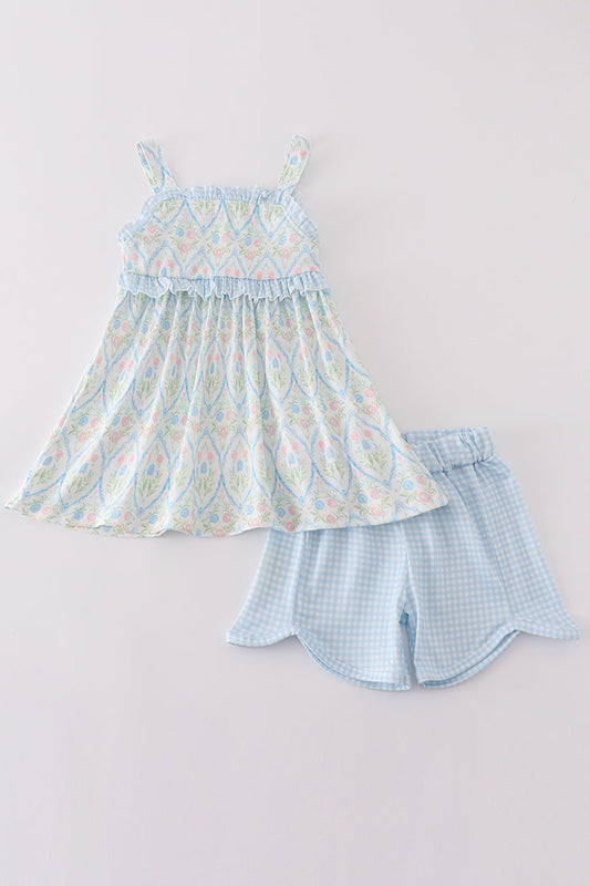 Blue delicate floral print girl set