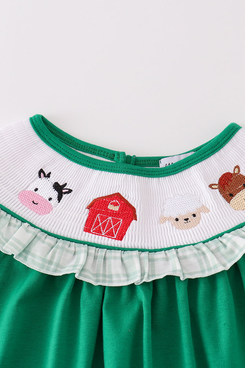 Green farm embroidery smocked girl set